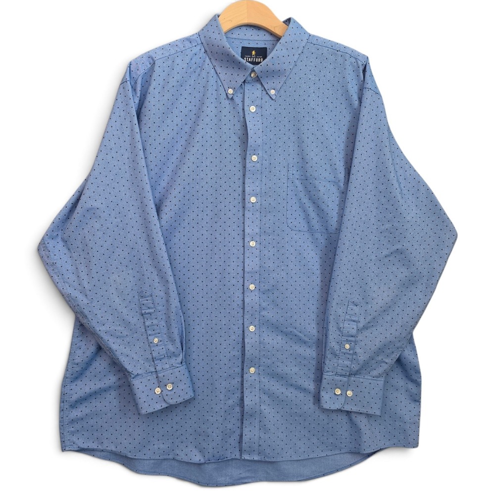 Stafford Dress Shirt Mens 18 34/35 Blue Polka Dot Button Down Oxford Travel LS
